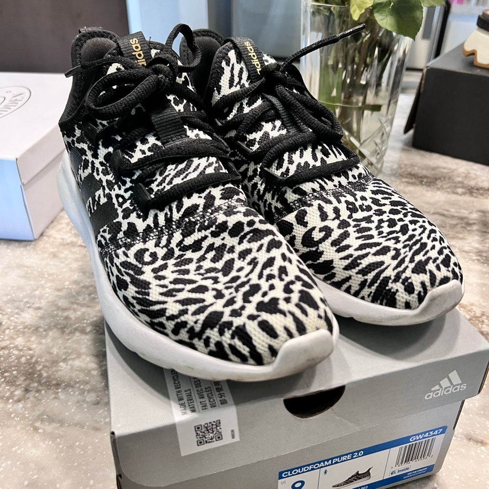 Adidas Cloudfoam Black/White Leopard Sneakers - size 9